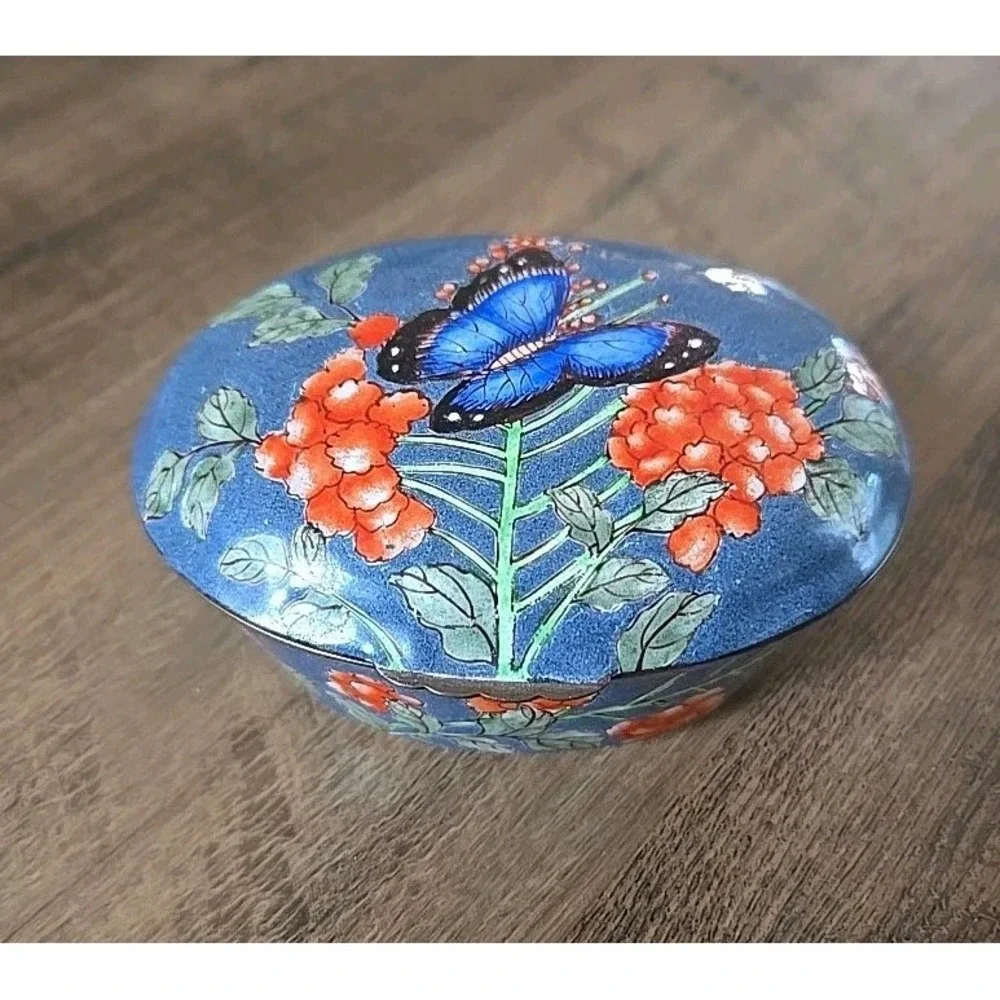 VTG Enameled Granite Ware Butterfly/Floral Brass Hinged Trinket Dish